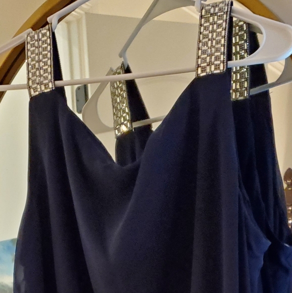 MSK Chiffon Shift Dress Navy Blue beaded straps - Picture 3 of 7